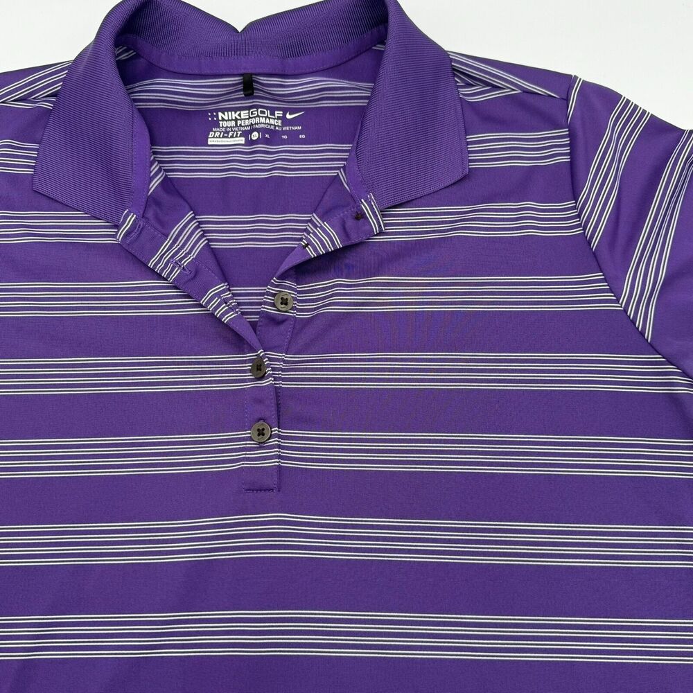 Nike Men's XL Golf Tour Performance Dri-Fit Polo Shirt Purple White Stripe logo